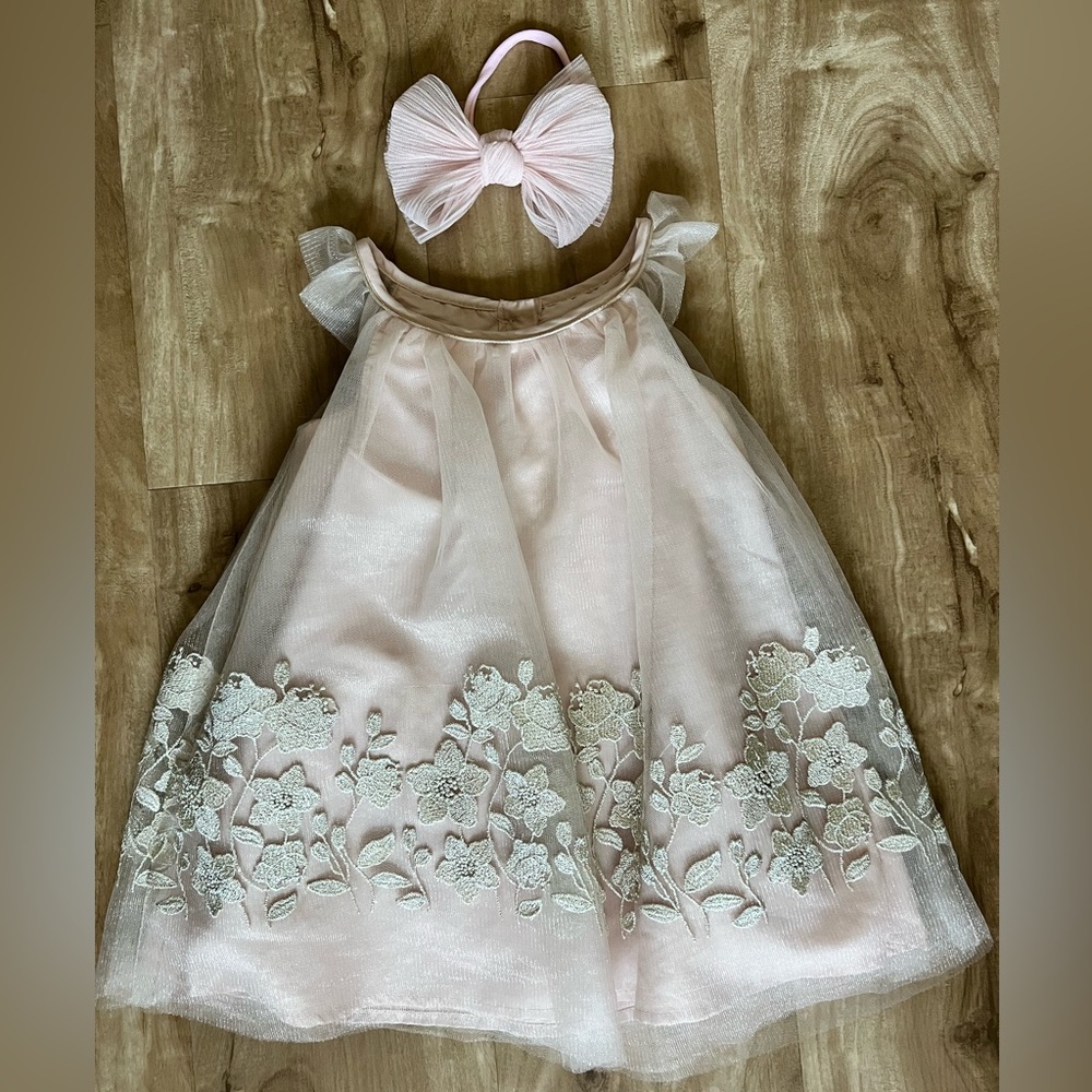 Catherine Malandrino 12 Months Pink Floral Dress with Hairband Bow